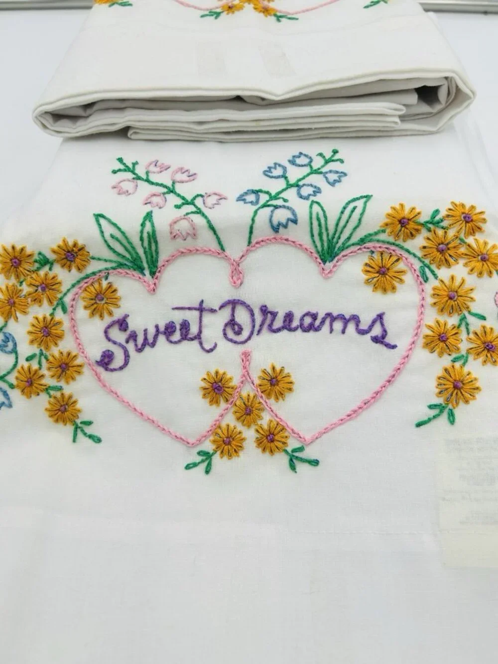 Vintage Hand Embroidered Pillowcases Pair Standard White Floral SWEET DREAMS